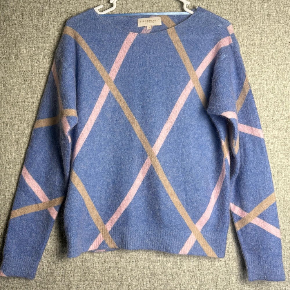Bianco & Blu‎ Blue Pink Mohair Wool Argyle Sweater Made Italy Women's MEDIUM